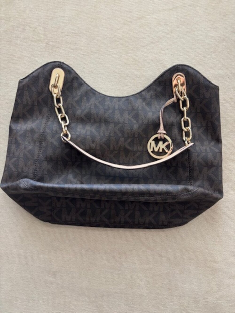 Michael Kors Lilly Signature Monogram Tote Shoulder Bag – Brown & Gold Chain
